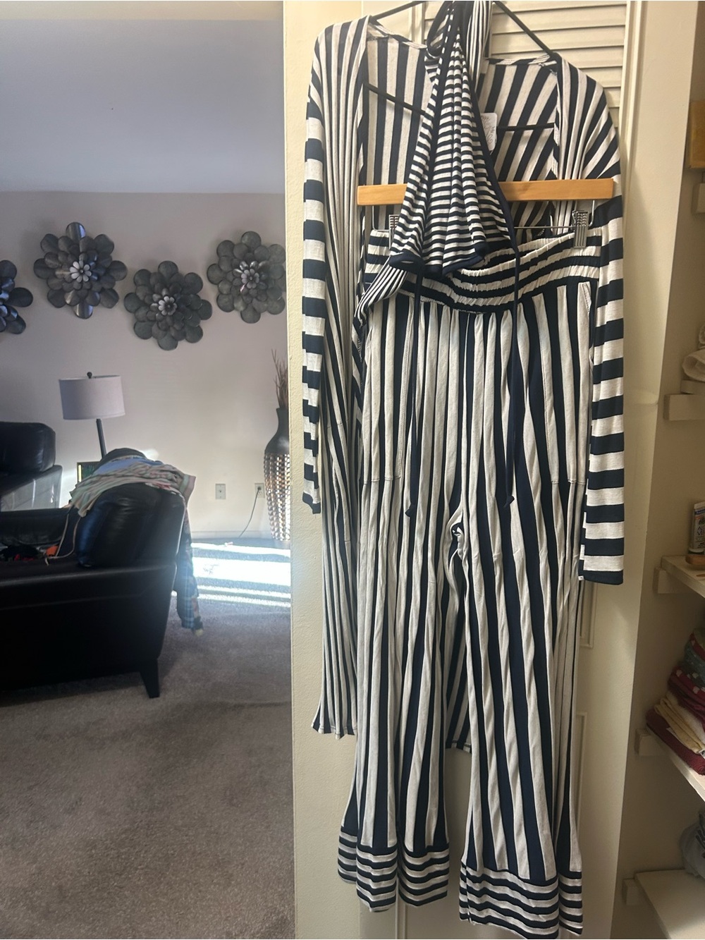 Free People Blue & White Vertical-Striped Wide-Leg three piece set